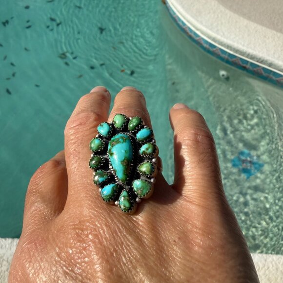 Artisan Sonoran Mountain Turquoise Sterling Silver Cluster Statement Ring Adjust - Picture 10 of 12